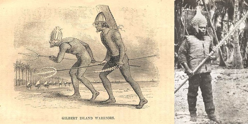 Das zweite Bild zeigt einen Kiribati-Krieger aus dem 19. Jahrhundert mit einem langen Schwert mit scharfen Haifischzähnen, mit dem er seinen Feind wegstossen oder ihm aus angenehmer Distanz Fleischwun ...