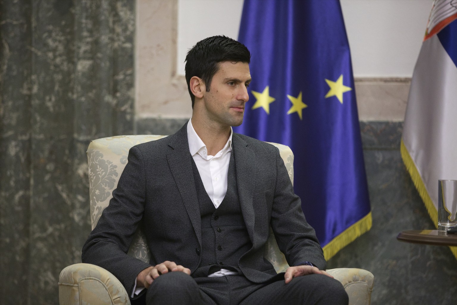 epa09724511 Serbian tennis player Novak Djokovic during a meeting with Serbian President Vucic in Belgrade, Serbia, 03 February 2022. Prosecutors in Serbia have rejected suggestions that Novak Djokovi ...