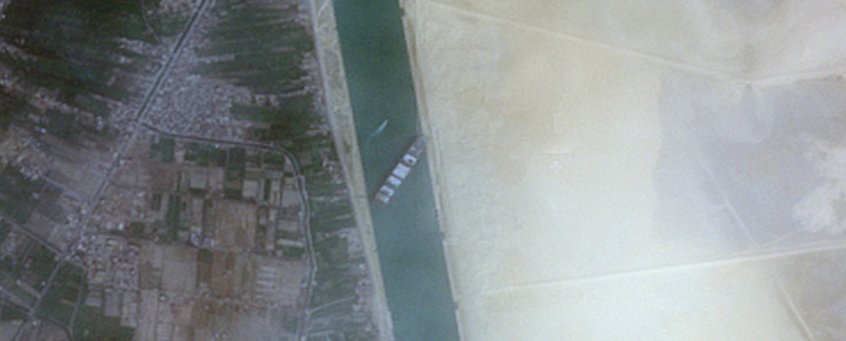 epa09096521 A handout satellite image made available by European Space Agency Copernicus Sentinel-2 Satellite Image via Maxar Technologies shows the container ship 'Ever Given' run aground i ...