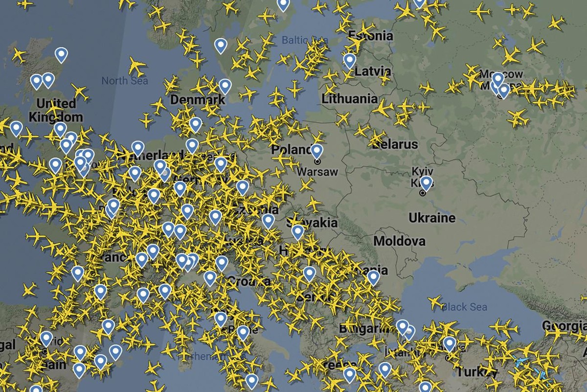 Ein Screenshot zeigt den freien Luftraum über der Ukraine am Donnerstag, 24. Februar 2022, nicht lange nachdem russische Truppen ihren Angriff auf die Ukraine gestartet haben.