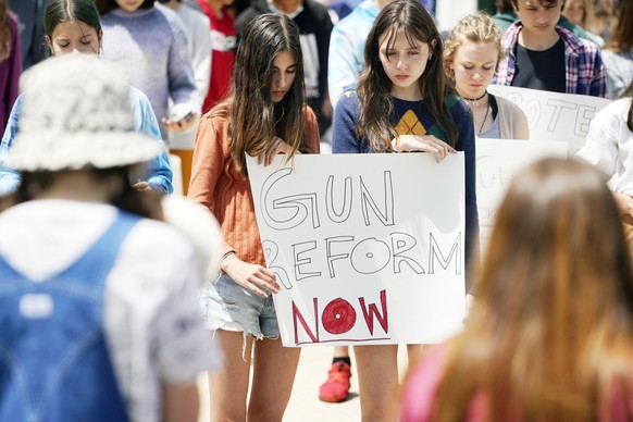 W.E.B. Du Bois Regional Middle School students in Great Barrington, Mass., hold a gun violence protest on Thursday, June, 10, 2022, at the school in the wake of the shooting at Robb Elementary School  ...