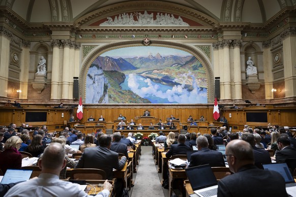 Parlamentarier debattieren waehrend der Wintersession der Eidgenoessischen Raete, am Mittwoch, 20. Dezember 2023 im Nationalrat in Bern. (KEYSTONE/Anthony Anex)