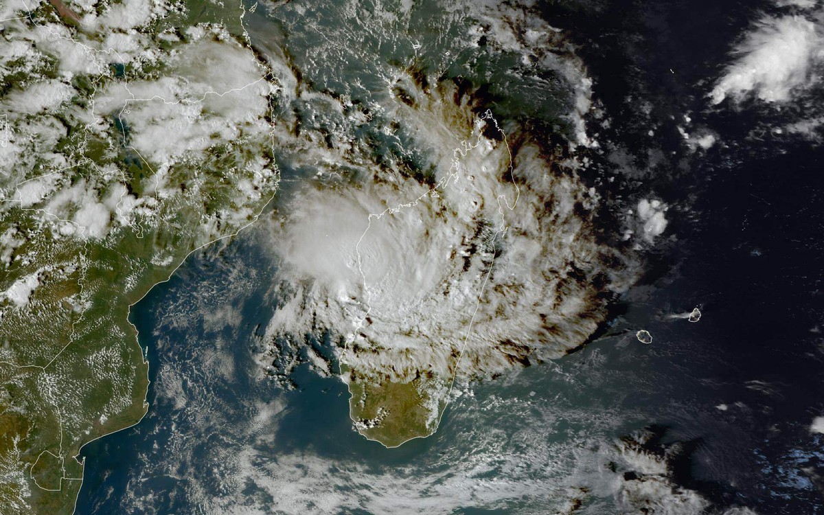 This EUMETSAT satellite video grab released on Wednesday, Feb. 11, 2026, shows Cyclone Gezani making landfall on east coast of Madagascar. (EUMETSAT via AP)
Madagascar-Tropical-Cyclone