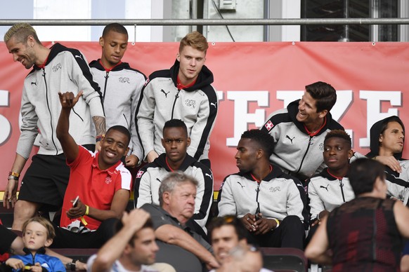 The members of the Swiss national team take their seats to watch the Swiss Cup final soccer match between FC Basel 1893 and FC Sion at the stade de Geneve stadium, in Geneva, Switzerland, Thursday, Ma ...