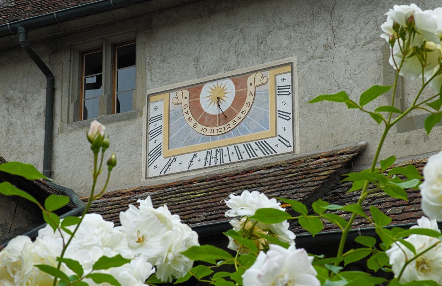 Sundial in the St. Georgen Monastery in Stein am Rhein.  In medieval monasteries, the sundial indicated the prayer times.  https://commons.wikimedia.org/wiki/File:2017-06-09_Sonnenuhr_in_Stein_am_Rhei ...