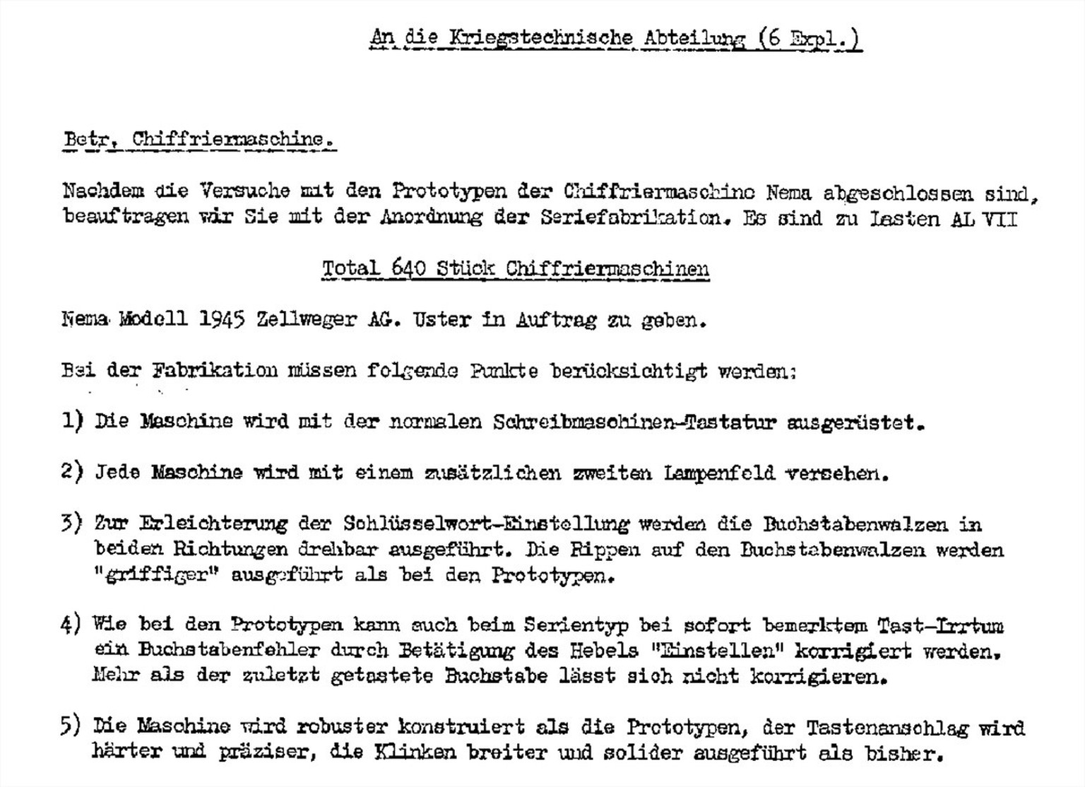 Pflichtenheft für die Nema vor dem Produktionsstart im Jahr 1945.