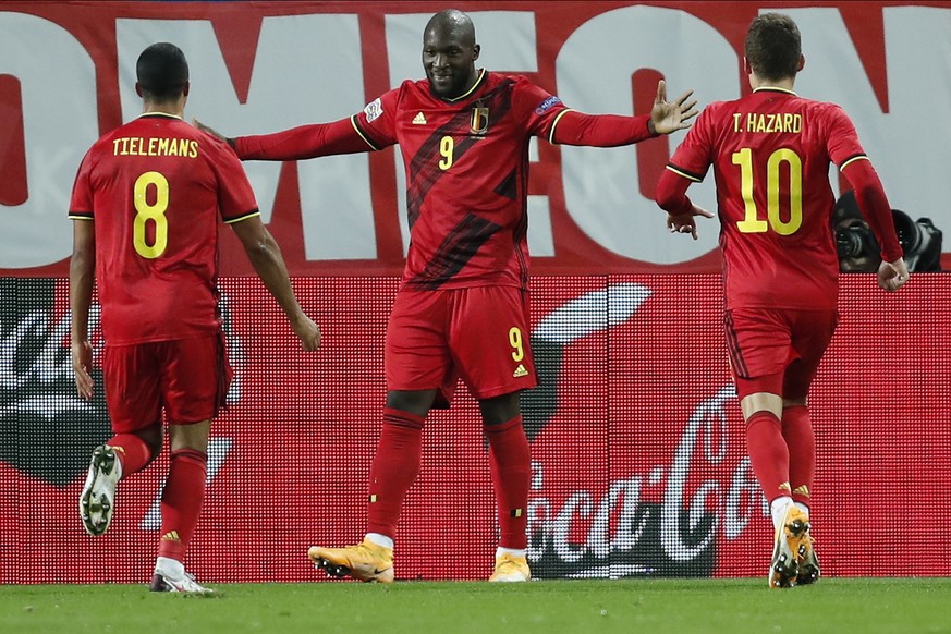 Belgium&#039;s Romelu Lukaku celebrates after scoring his side&#039;s second goal during the UEFA Nations League soccer match between Belgium and Denmark at the King Power stadium in Leuven, Belgium,  ...