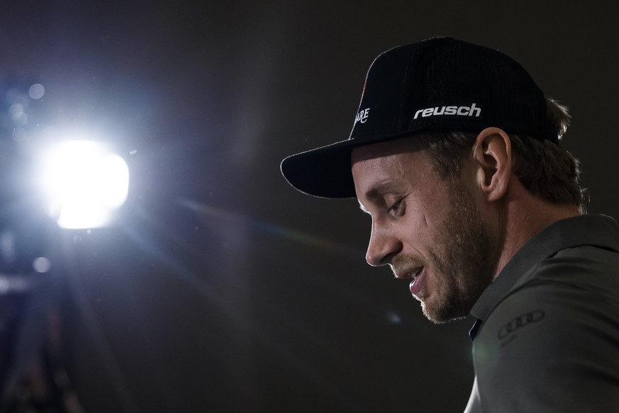 Der Schweizer Skirennfahrer Mauro Caviezel spricht waehrend einer Medienkonferenz ueber seinen sofortigen Ruecktritt vom aktiven Skisport, am Donnerstag, 12. Januar 2023 in Wengen. (KEYSTONE/Peter Kla ...