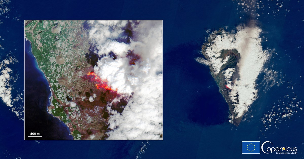 epa09489196 A handout satellite image acquired by one of the Copernicus Sentinel-2 satellites and made available by Copernicus, the European Union's Earth Observation Programme, shows the volcani ...