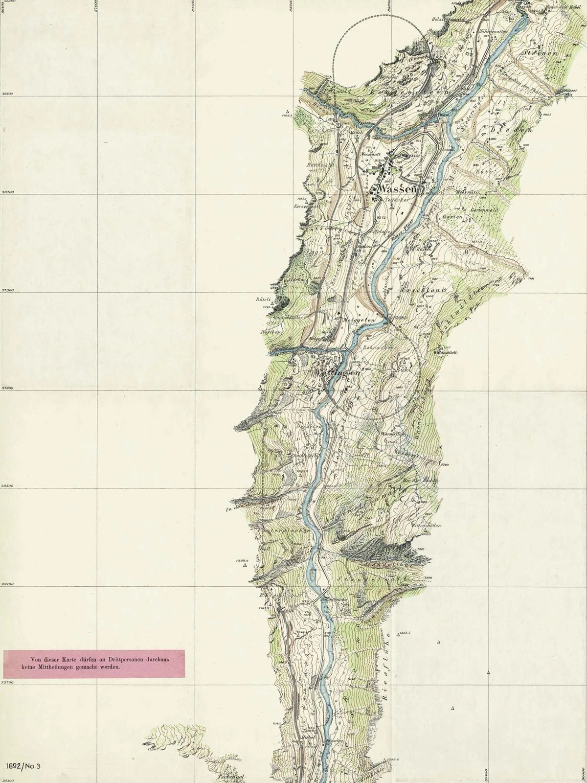 Feuille «Wassen» de la carte des fortifications de la région du Saint-Gothard, 1892. Généralement, les vallées revêtant une importance stratégique étaient relevées en premier avant que les opérations  ...
