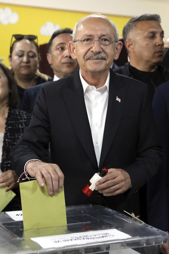 Kemal Kilicdaroglu, the 74-year-old leader of the center-left, pro-secular Republican People&#039;s Party, or CHP, and presidential candidate of Turkey&#039;s main opposition alliance, votes at a poll ...