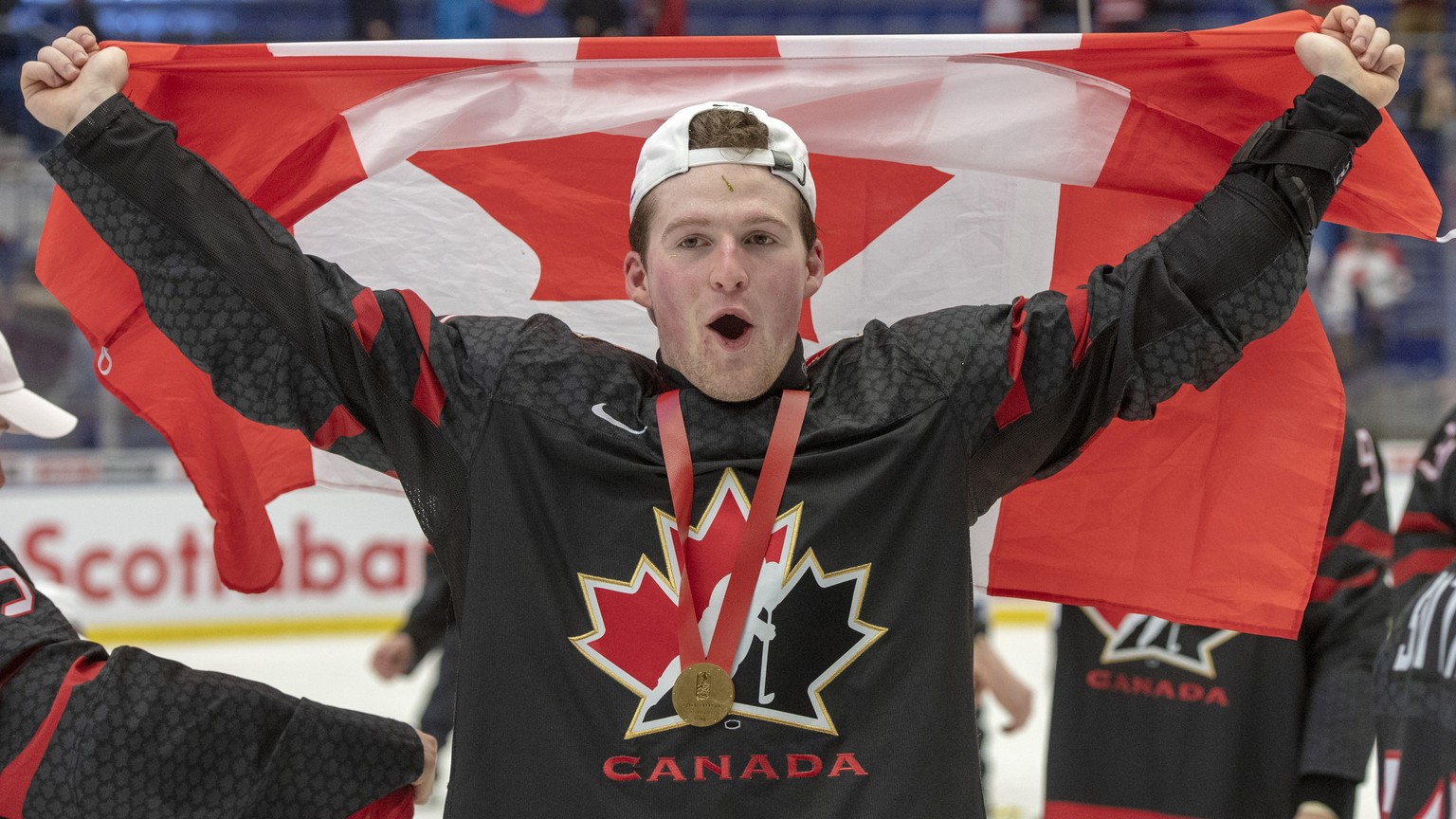 Canada&#039;s Alexis Lafreniere celebrates after defeating Russia in the gold medal game at the World Junior Hockey Championships, Sunday, Jan. 5, 2020, in Ostrava, Czech Republic. (Ryan Remiorz/The C ...