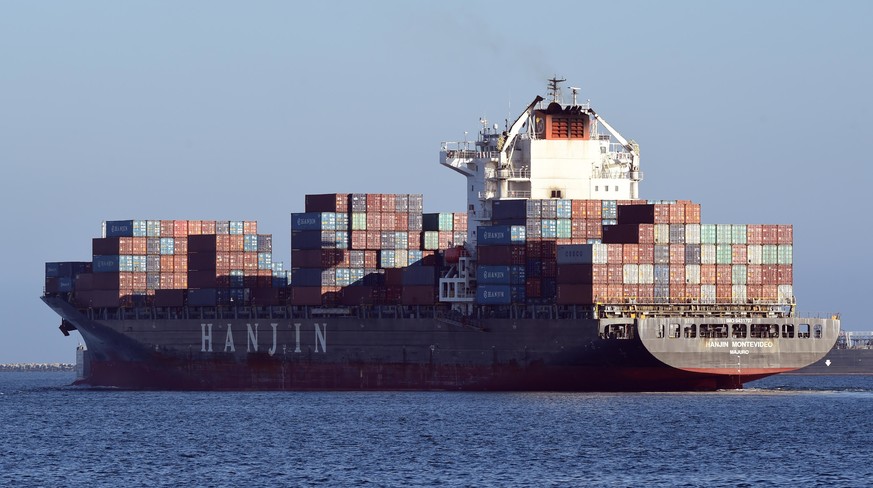 In this Wednesday, Aug. 31, 2016, photo, the container ship Hanjin Montevideo leaves the Hanjin Terminal and the Port of Long Beach in Long Beach, Calif. Hanjin has filed for bankruptcy and the ship H ...