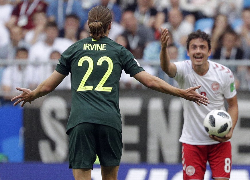 Australia&#039;s Jackson Irvine, left, and Denmark&#039;s Thomas Delaney gesture during the group C match between Denmark and Australia at the 2018 soccer World Cup in the Samara Arena in Samara, Russ ...