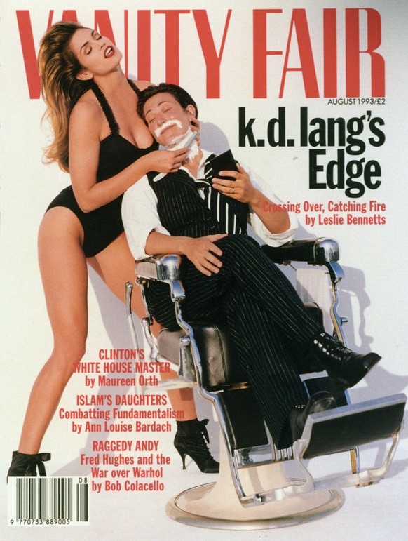 Vanity Fair cover for August shows model Cindy Crawford giving a shave to singer K.D. Lang. (Photo by PA Images via Getty Images)