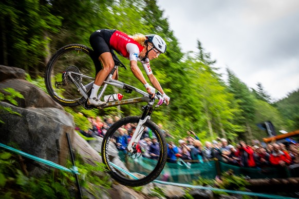 Jolanda Neff from Switzerland, in action during the UCI Cross Country Mountain Bike World Championship Women Elite, XCO, on Saturday August 12, 2023, in Glentress, Scotland. (KEYSTONE/Maxime Schmid)
