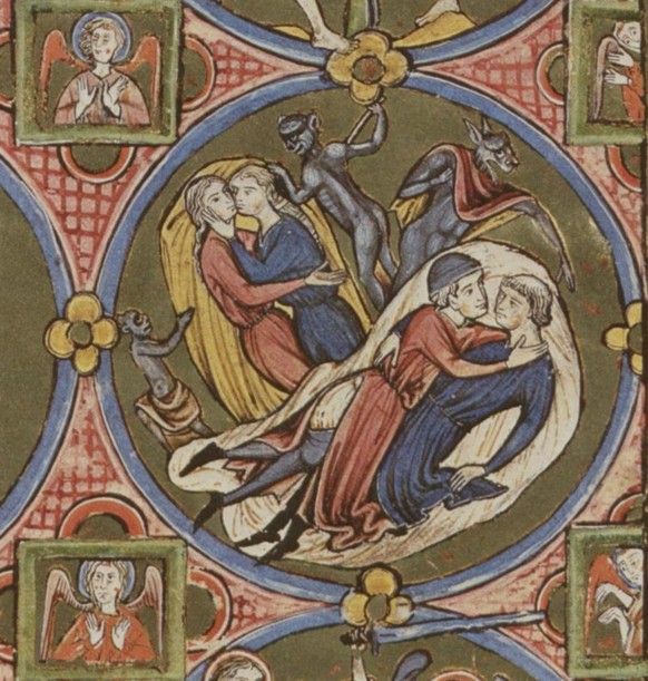 Moralisierende Darstellung von Homosexualität in einer Bibel, 1225.
https://digital.onb.ac.at/RepViewer/viewer.faces?doc=DTL_2246547&amp;order=1&amp;view=SINGLE
