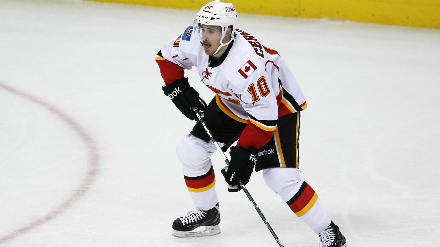 April 8 2013: Flames Center, 10 Roman Cervenka before scoring the Flames first goal of the night. The Calgary Flames would lead by a score of 2 to 1 over the Colorado Avalanche after the second period ...