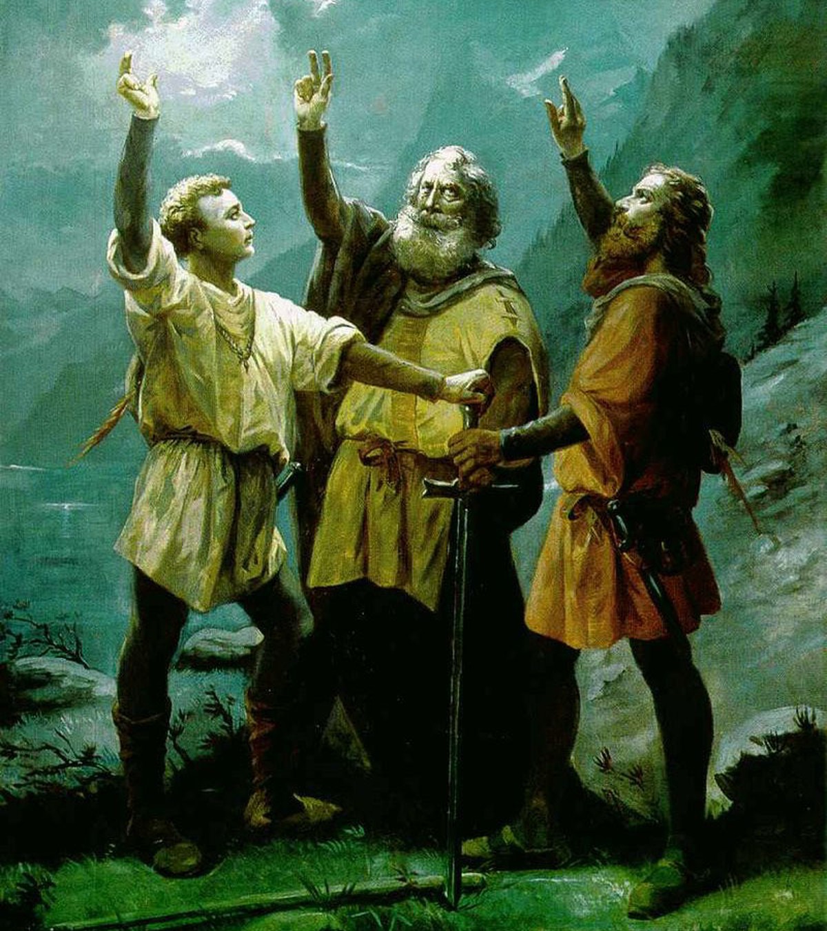 Gemälde von Jean Renggli dem Älteren: «Die drei Eidgenossen beim Schwur auf dem Rütli».
Walter Fürst, Arnold von Melchtal und Werner Stauffacher auf der Rütliwiese.