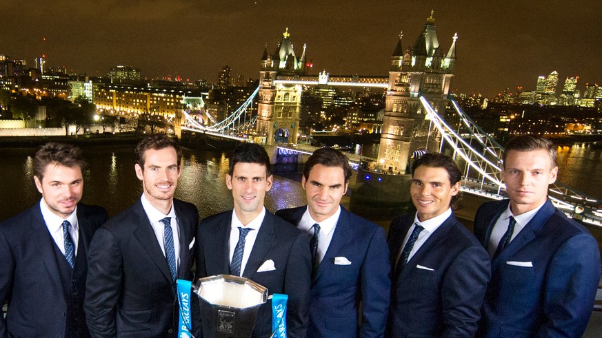 Gemeinsam gegen den Rest der Welt? Wawrinka, Murray, Djokovic, Federer, Nadal und Berdych an den ATP World Tour Finals 2015 in London.