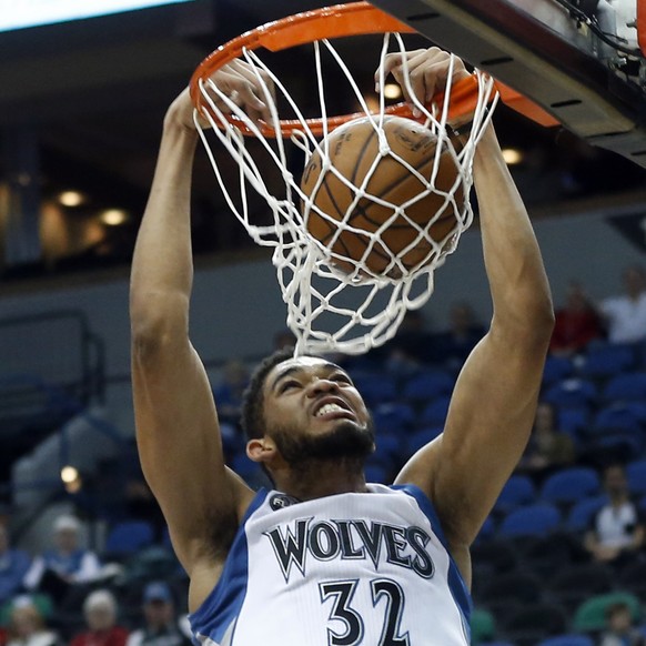 Minnesota Timberwolves Karl-Anthony Towns dunks in the first quarter of an NBA basketball game against the New Orleans Pelicans, Monday, Feb. 8, 2016, in Minneapolis. Towns led the Timbrwolves with 1 ...