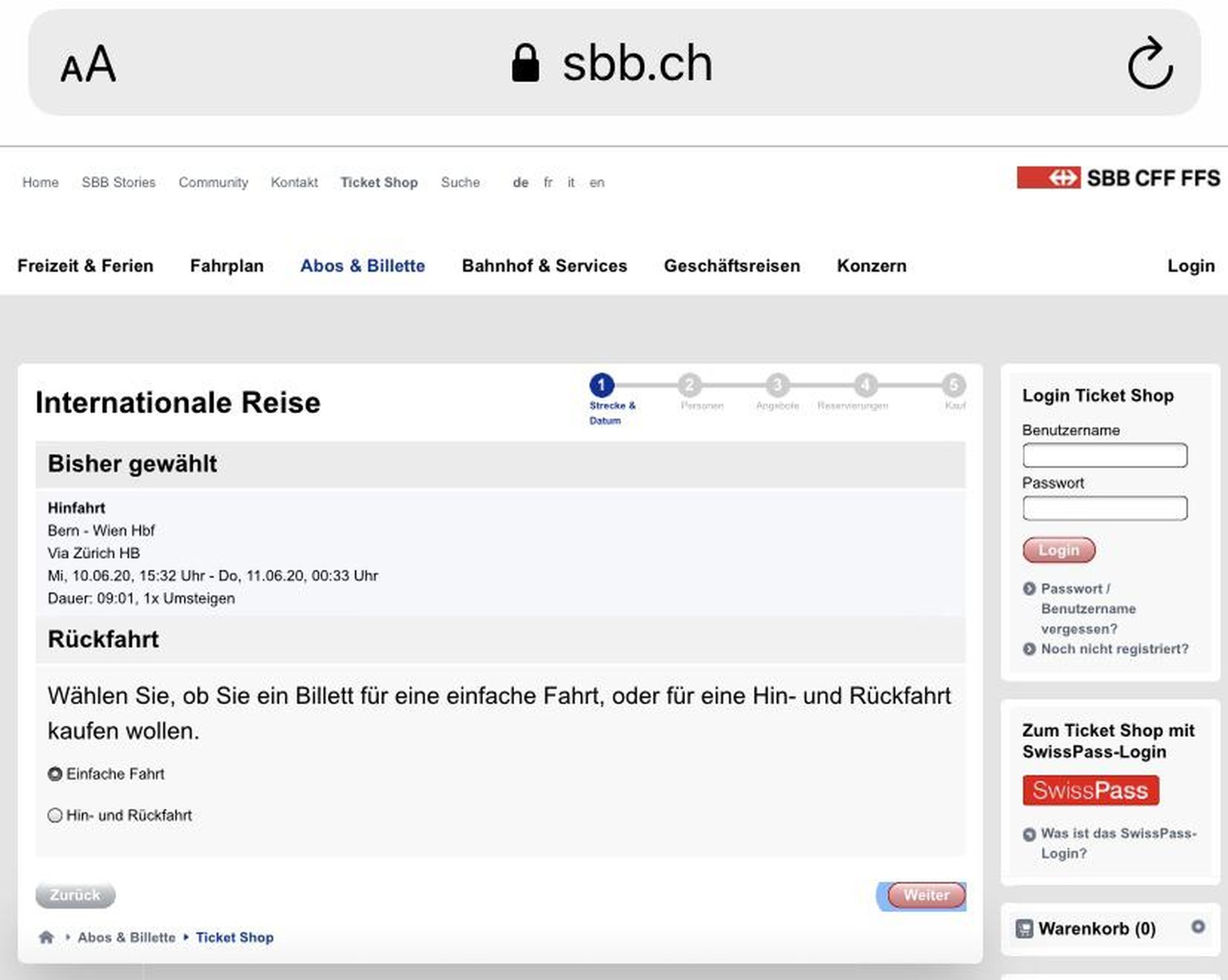Aus der Internet-Steinzeit: Der aktuelle SBB-Webshop für internationale Tickets passt sich nicht der Bildschirmgrösse an. 