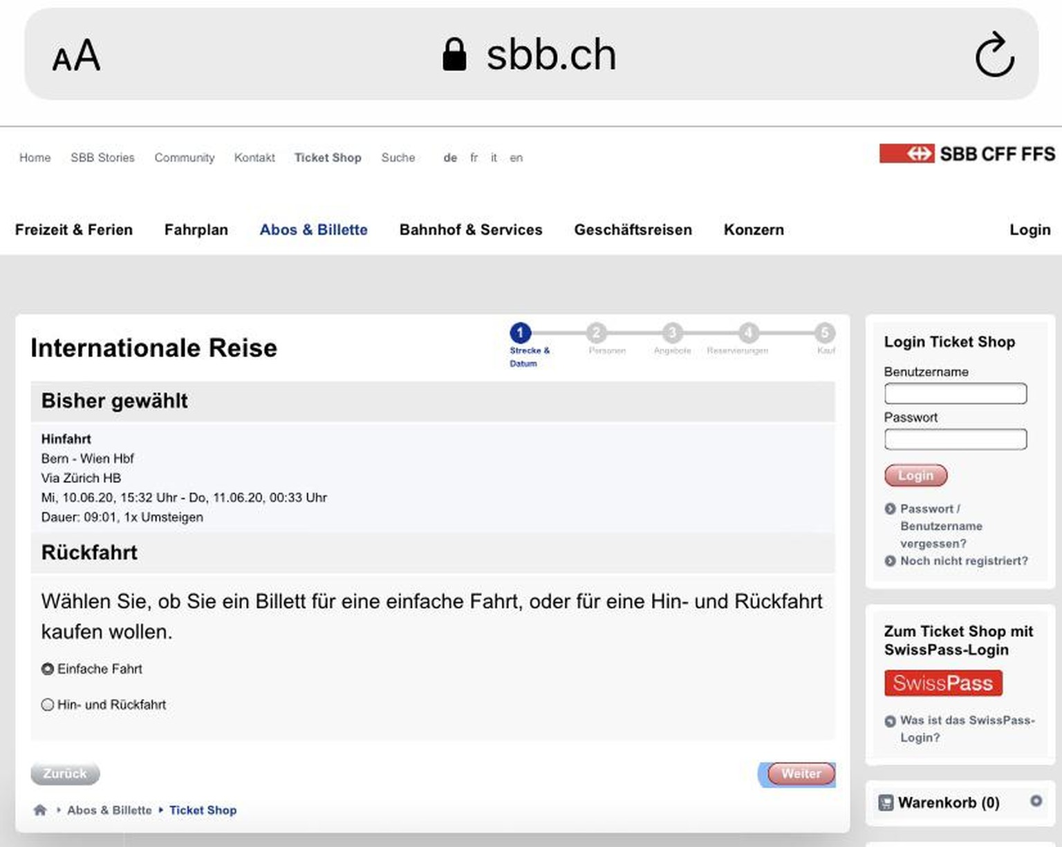 Aus der Internet-Steinzeit: Der aktuelle SBB-Webshop für internationale Tickets passt sich nicht der Bildschirmgrösse an.
