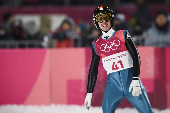 Simon Ammann of Switzerland reacts during the Ski Jumping Men Individual Large Hill Qualifications in the Alpensia Biathlon Center during the XXIII Winter Olympics 2018 in Pyeongchang, South Korea, on ...
