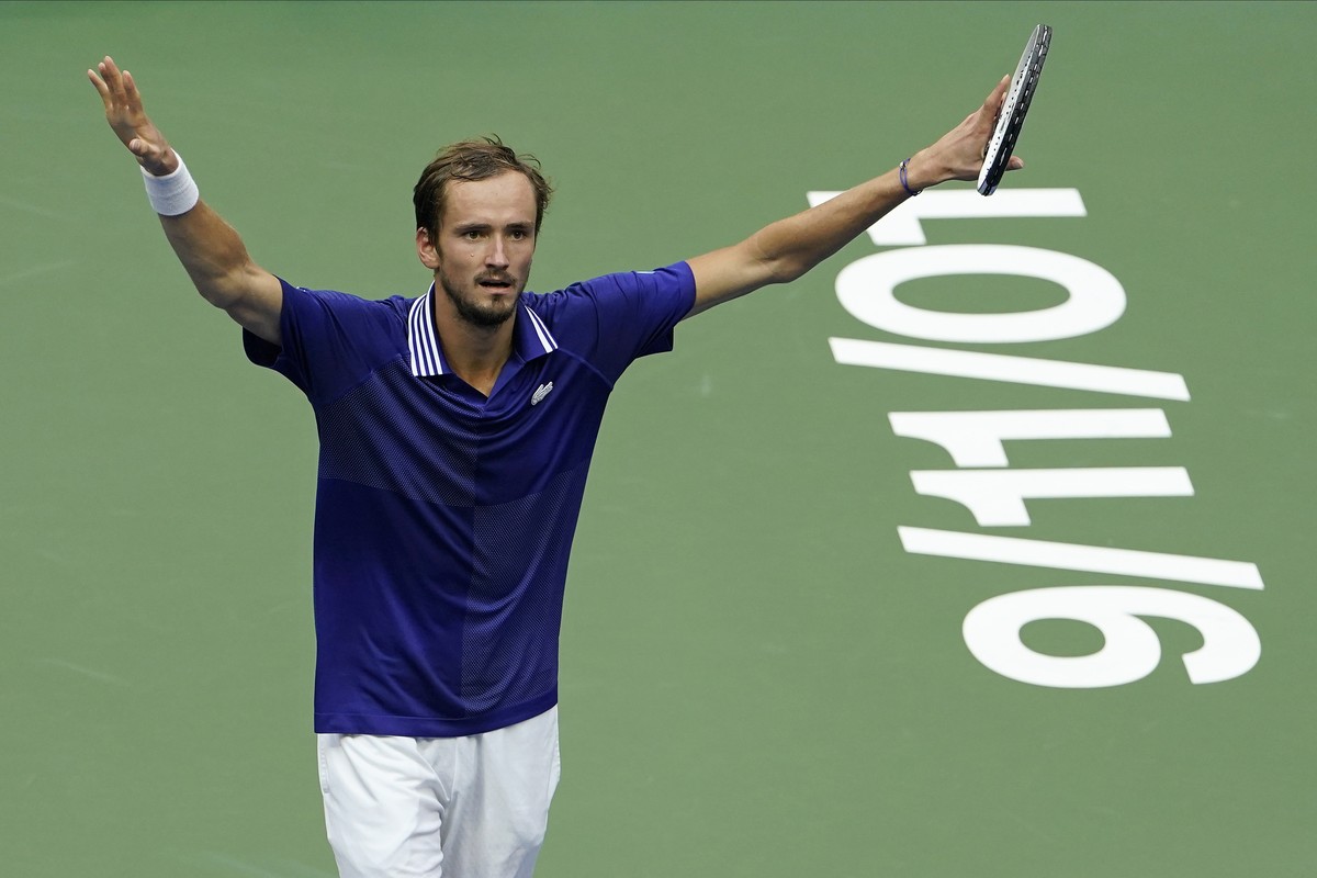 Daniil Medvedev, of Russia, reacts after scoring a point against Novak Djokovic, of Serbia, during the men's singles final of the US Open tennis championships, Sunday, Sept. 12, 2021, in New York ...