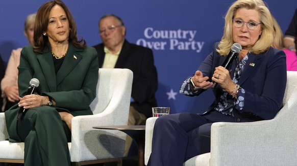 Democratic presidential nominee Vice President Kamala Harris and former Rep. Liz Cheney, R-Wyo., attend a campaign event Monday, Oct. 21, 2024, in Brookfield, Wis. (AP Photo/Morry Gash)