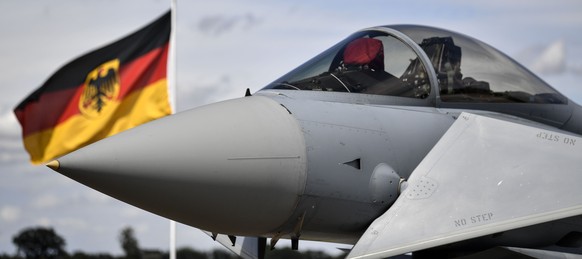 A German Eurofighter jet is pictured at the airbase in Noervenich, Germany, Thursday, Aug. 20, 2020. Pilots from Israel and Germany will fly together the next two weeks during the first joint military ...