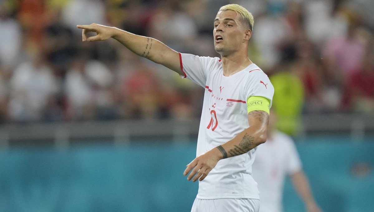 epa09309268 Granit Xhaka of Switzerland reacts during the UEFA EURO 2020 round of 16 soccer match between France and Switzerland in Bucharest, Romania, 28 June 2021. EPA/Vadim Ghirda / POOL (RESTRICTI ...