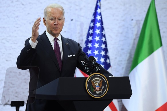 epa09556567 US President Joe Biden attends a press conference after the G20 Leaders&#039; Summit at La Nuvola Congress Centre in Rome, Italy, 31 October 2021. The Group of Twenty (G20) Heads of State  ...