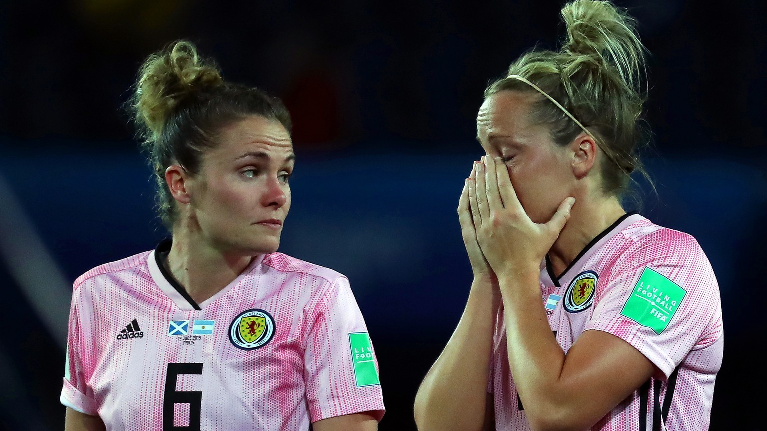 epa07658938 Scotland players Jo Love (L) and Joelle Murray (R) react after the FIFA Women&#039;s World Cup 2019 group D soccer match between Scotland and Argentina in Paris, France, 19 June 2019. EPA/ ...