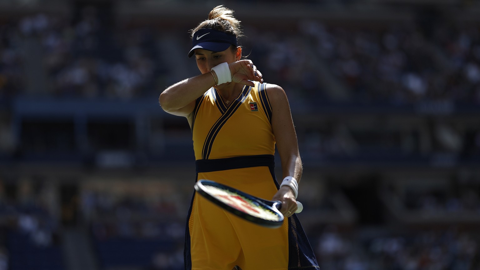 epa09455631 Belinda Bencic of Switzerland reacts as she plays Emma Raducanu of Great Britain during their quarterfinals round match on the tenth day of the US Open Tennis Championships the USTA Nation ...