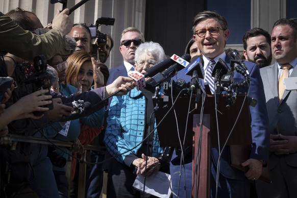 House Speaker Mike Johnson, R-La., speaks to the media on the Low Library steps on Columbia University&#039;s campus in New York, Wednesday April 24, 2024. (AP Photo/Stefan Jeremiah)