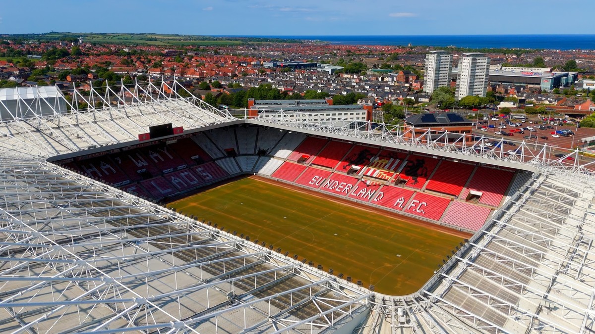 SUNDERLAND, UK - JUNE 13, 2025 - Aerial view of the Stadium of Light, home of Sunderland A.F.C., located in the city of Sunderland, UK, showing the playing field and surrounding urban area