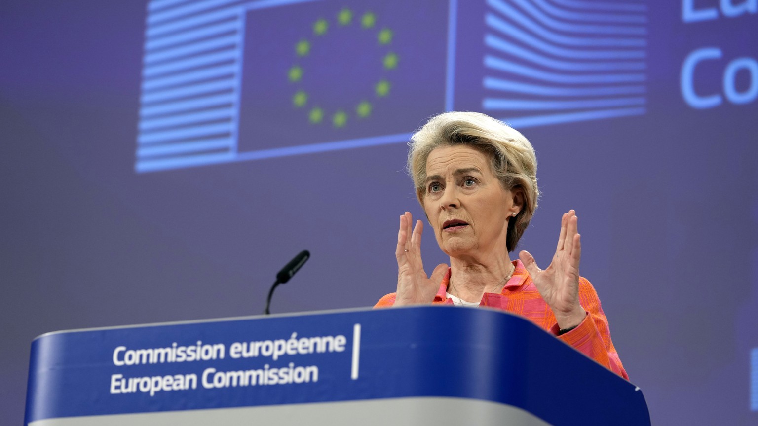 FILE - European Commission President Ursula von der Leyen addresses a media conference, ahead of the G-7 summit, at EU headquarters in Brussels, May 15, 2023. Leaders of the Group of Seven advanced ec ...