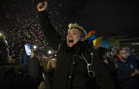 A supporter of the same-sex marriage bill, reacts during a rally at central Syntagma Square, in Athens, Greece, Thursday, Feb. 15, 2024. Greece&#039;s lawmakers approved a bill that allows same-sex ma ...