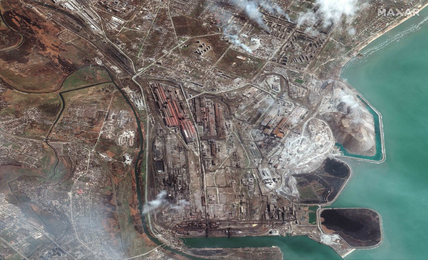 This satellite image provided by Maxar Technologies shows overview of Azovstal Iron and Steel Works factory in eastern Mariupol, Ukraine, Saturday, April 9, 2022. (Satellite image ©2022 Maxar Technolo ...