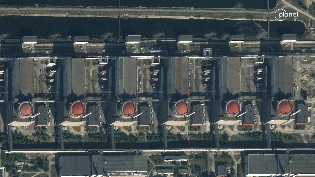 CORRECTS DATE - This image provided by Planet Labs PBC shows the Zaporizhzhia Nuclear Power Plant in Southern Ukraine on Wednesday, July 5, 2023. Ukraine and Russia are accusing each other of planning ...
