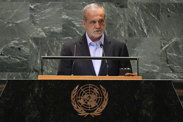 President of Iran Masoud Pezeshkian addresses the 79th session of the United Nations General Assembly, Tuesday, Sept. 24, 2024. (AP Photo/Pamela Smith)
Masoud Pezeshkian