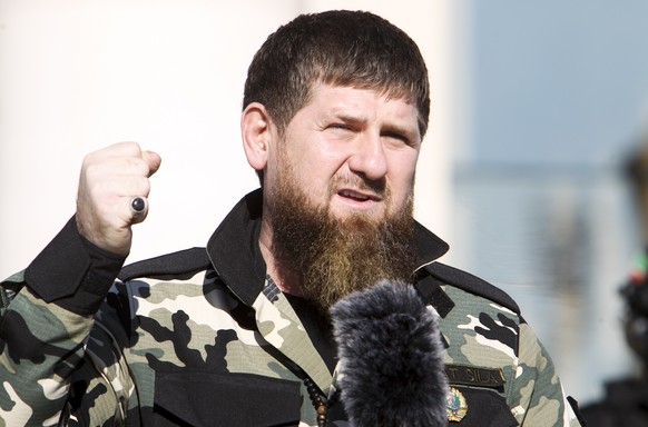 Ramzan Kadyrov, leader of the Russian province of Chechnya gestures speaking to about 10,000 troops in Chechnya&#039;s regional capital of Grozny, Russia, Tuesday, March 29, 2022. (AP Photo)