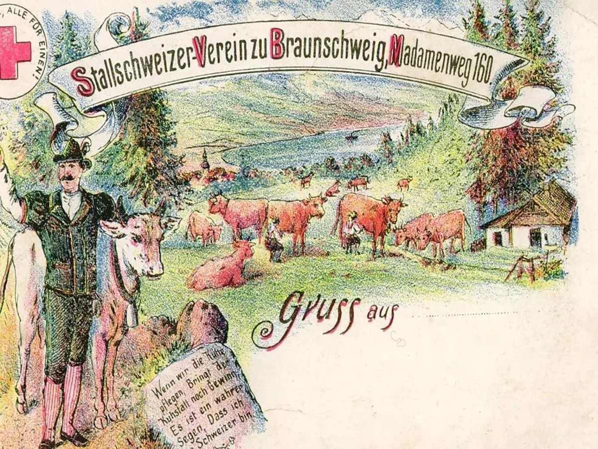 Carte postale de l’Association des Suisses d’étable (Stallschweizer-Verein), Braunschweig, début du 20e siècle.
https://allerleischweiz.de/schweizen-in-deutschland/10-berufsbezeichnung-schweizer/