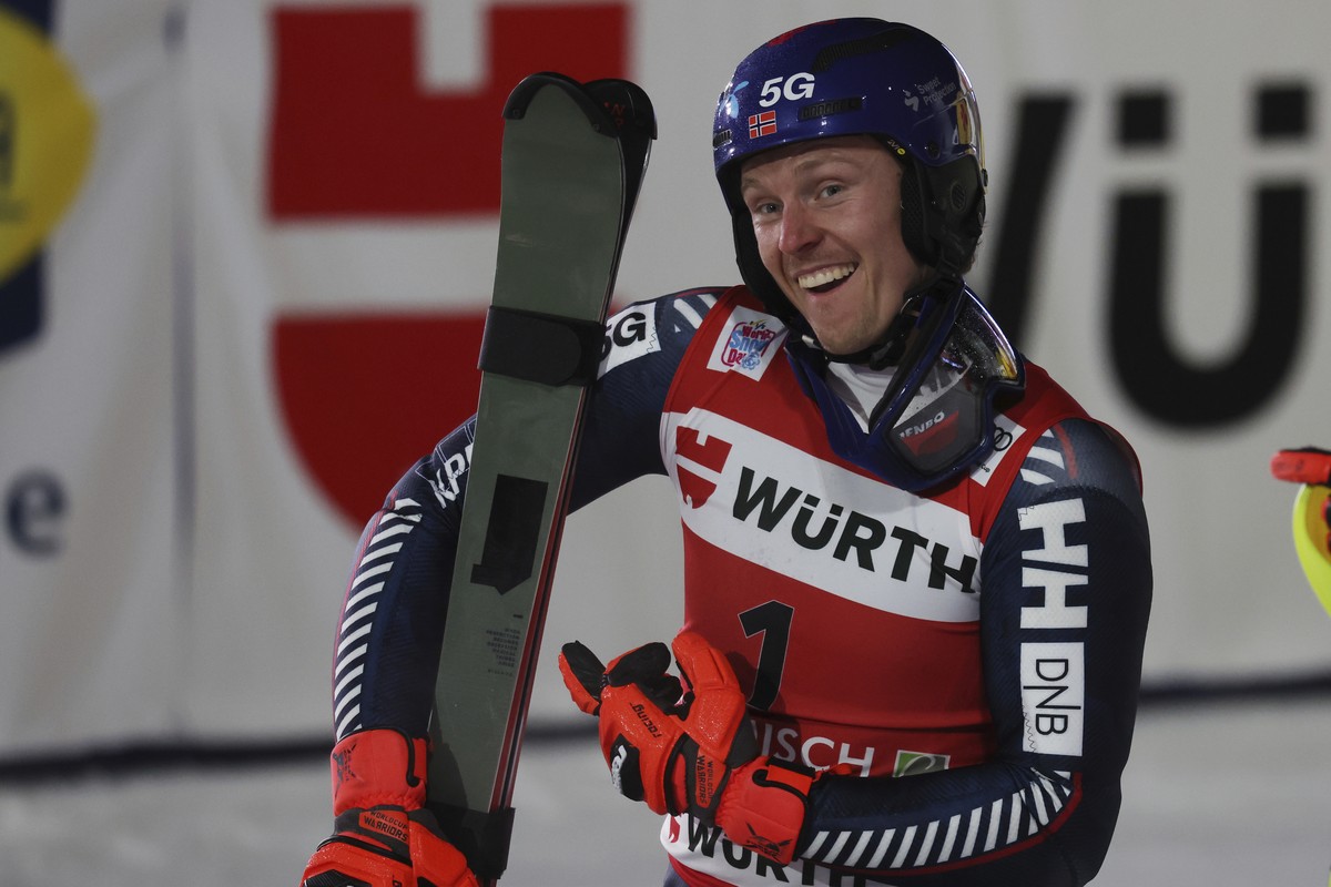 Norway's Henrik Kristoffersen reacts after winning an alpine ski, men's World Cup slalom race, in Garmisch Partenkirchen, Germany, Wednesday, Jan. 4, 2023. (AP Photo/Alessandro Trovati)