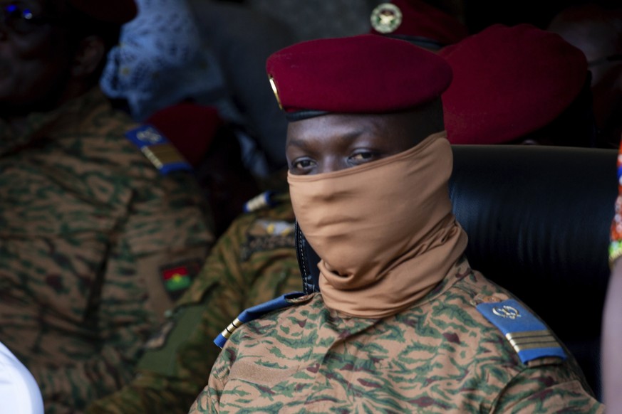 FILE - Burkina Faso coup leader Capt. Ibrahim Traore participates in a ceremony in Ouagadougou, Oct. 15, 2022. A coup attempt against Burkina Faso?s military government has been thwarted by the countr ...