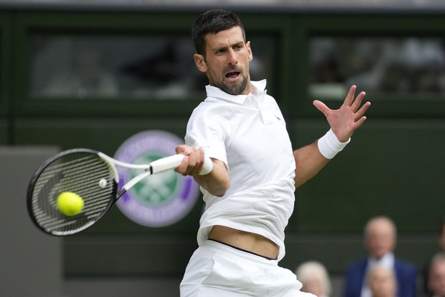 Serbia&#039;s Novak Djokovic returns to Russia&#039;s Andrey Rublev in a men&#039;s singles match on day nine of the Wimbledon tennis championships in London, Tuesday, July 11, 2023. (AP Photo/Kirsty  ...