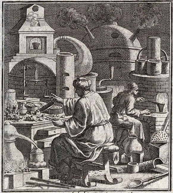 Zwei Alchemisten versuchen, Gold herzustellen. Druckgrafik von Christoph Weigel, 1698.
https://wellcomecollection.org/works/npdvqya4