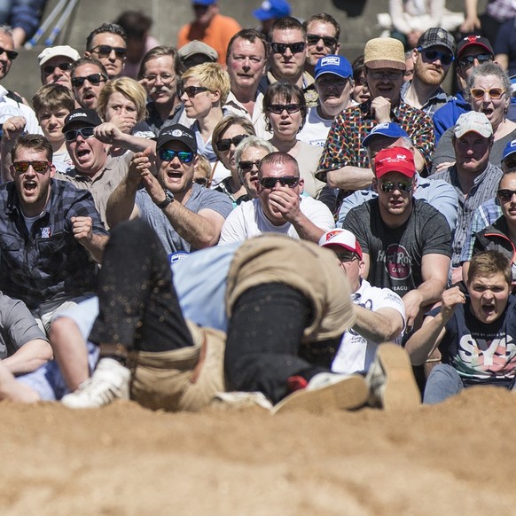 Spectators follow Swiss wrestlers in action at the Baselstaedtischer Schwingertag, a Swiss wrestling tournament in Basel-City, Switzerland, on 5 May 2016. (KEYSTONE/Peter Klaunzer)

Zuschauer verfolge ...
