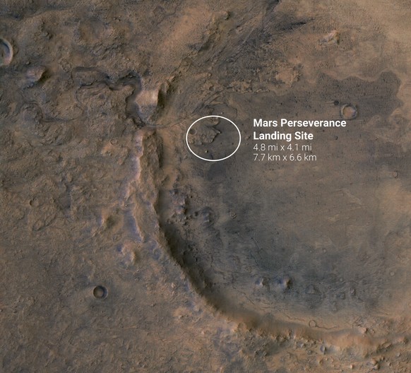 Der weisse Kreis markiert die vorgesehene Landestelle des Rovers.